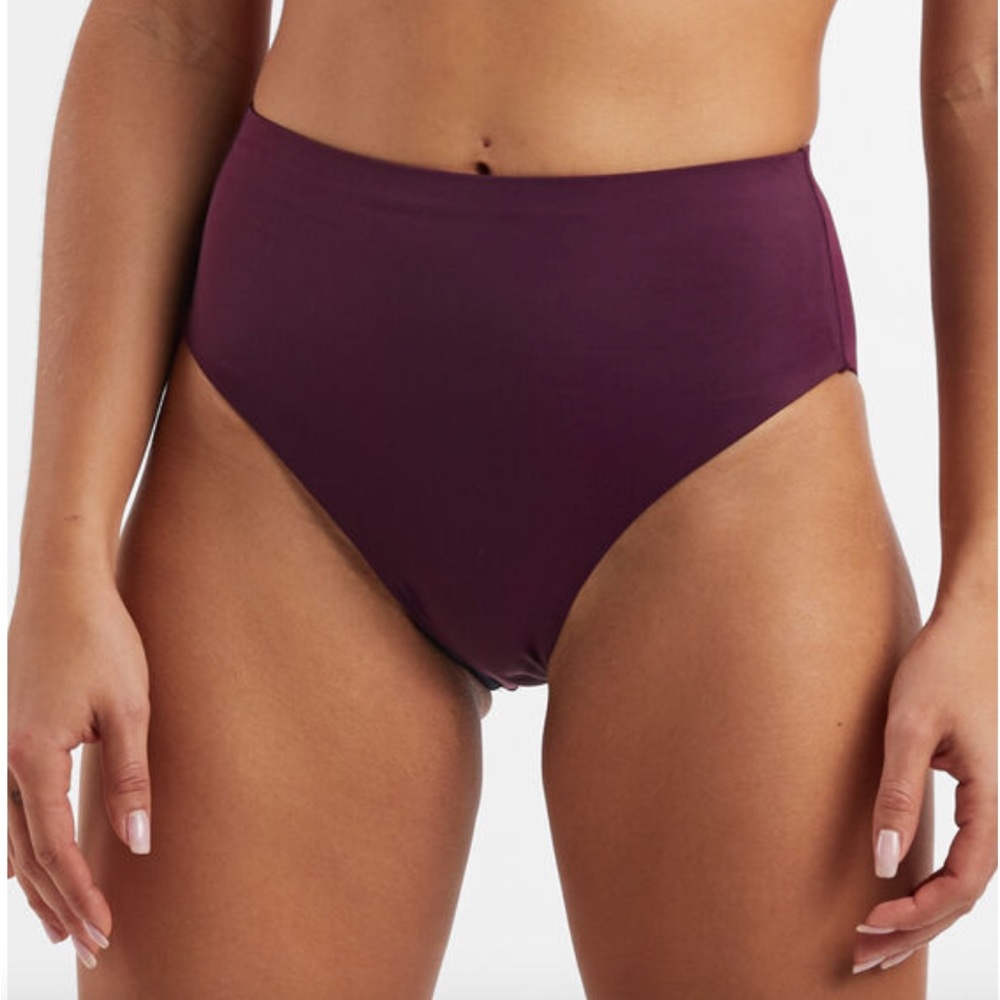 Title Nine- Streamline High Waisted Bikini Bottom - Solid, Rich Fig, M